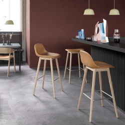 FIBER BAR STOOL with backrest wooden legs leather seat H65 - Bar Stool - Designer Furniture - Silvera Uk
